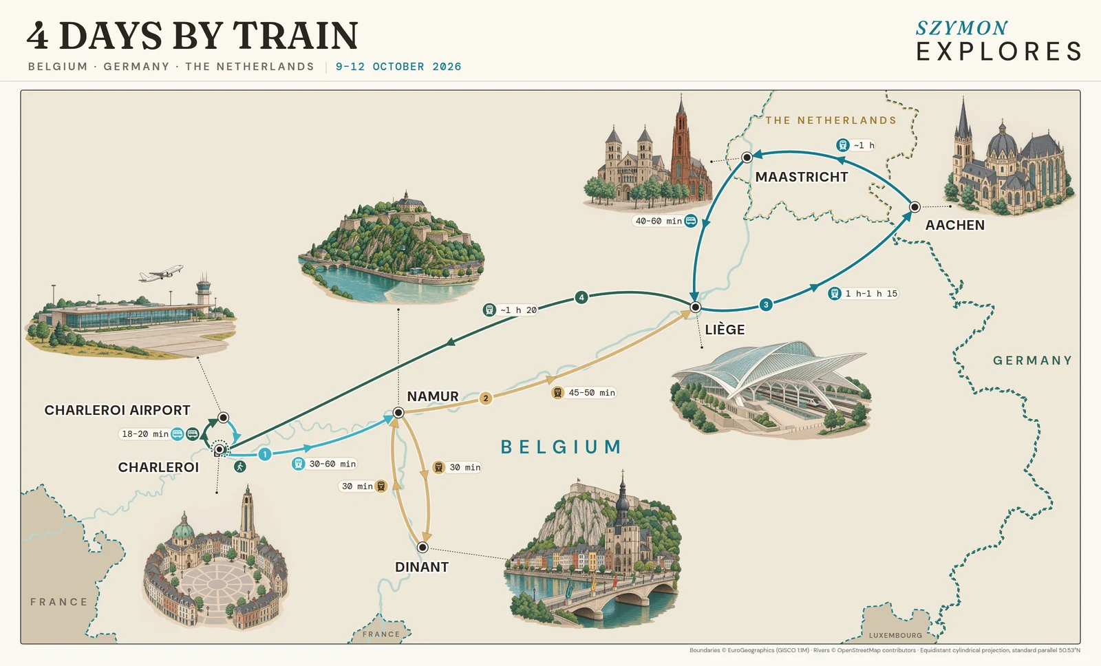 Illustrated route map of a four-day train trip, 9–12 October 2026: Charleroi Airport and Charleroi, Namur, a return day trip to Dinant, Liège, Aachen and Maastricht, then back to Charleroi.